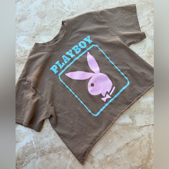 PLAYBOY Tops - PLAYBOY Brown Cropped Tee with Pink Bunny and Blue Trim
